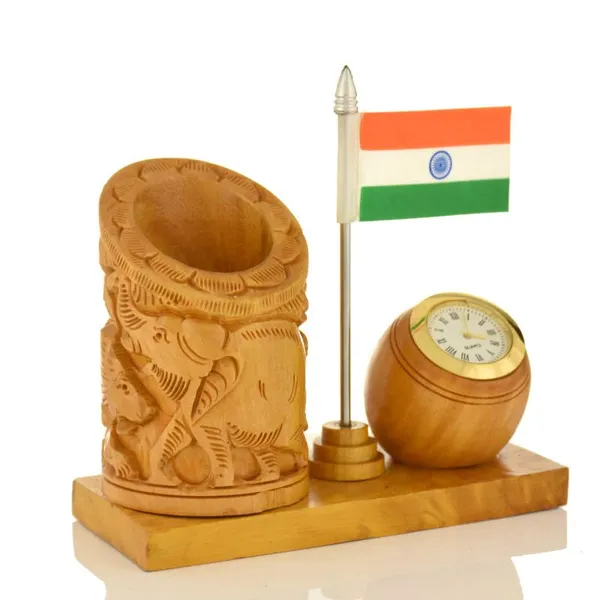 Handcrafted_Wooden_Clock_with_Ashok_Elephant_&_Flag_Pen_Stand_|_For_Your_Office_Decoration_|_12.7L_x_6.4W_x_12.7H_Centimeters