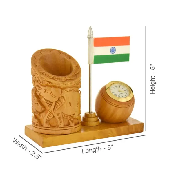 Handcrafted_Wooden_Clock_with_Ashok_Elephant_&_Flag_Pen_Stand_|_For_Your_Office_Decoration_|_12.7L_x_6.4W_x_12.7H_Centimeters