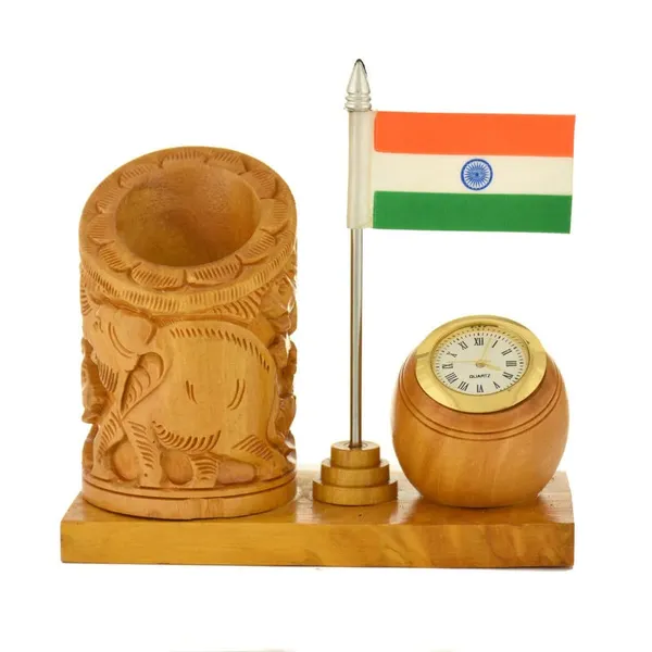 Handcrafted_Wooden_Clock_with_Ashok_Elephant_&_Flag_Pen_Stand_|_For_Your_Office_Decoration_|_12.7L_x_6.4W_x_12.7H_Centimeters