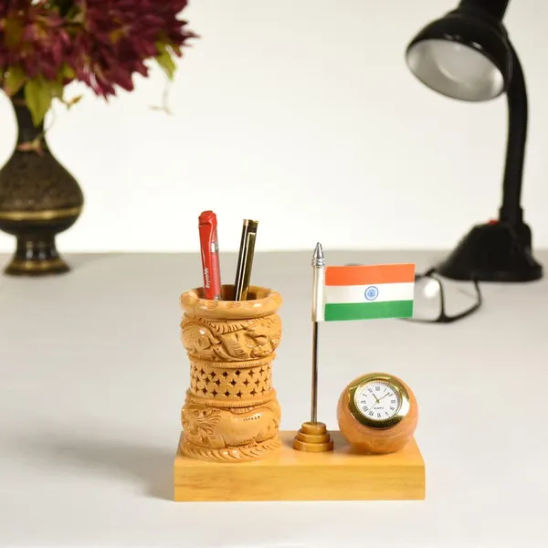 Natural_Wooden_Pen_Stand_With_A_Clock,_Jali_Design_And_Flag_|_Office_Study_Table_Decoration_|_12.7L_x_6.4W_x_12.7H_Centimeters