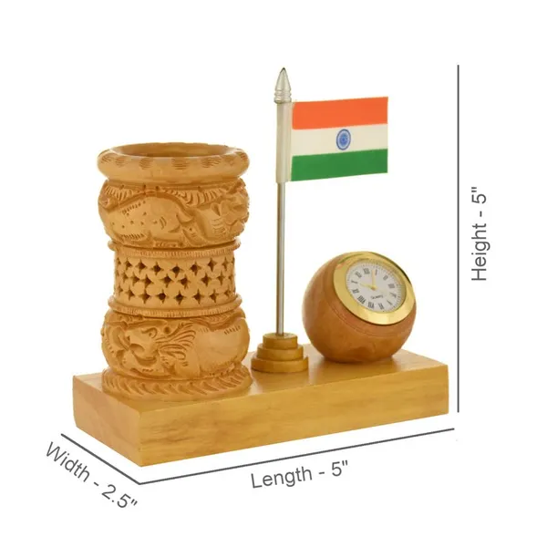 Natural_Wooden_Pen_Stand_With_A_Clock,_Jali_Design_And_Flag_|_Office_Study_Table_Decoration_|_12.7L_x_6.4W_x_12.7H_Centimeters