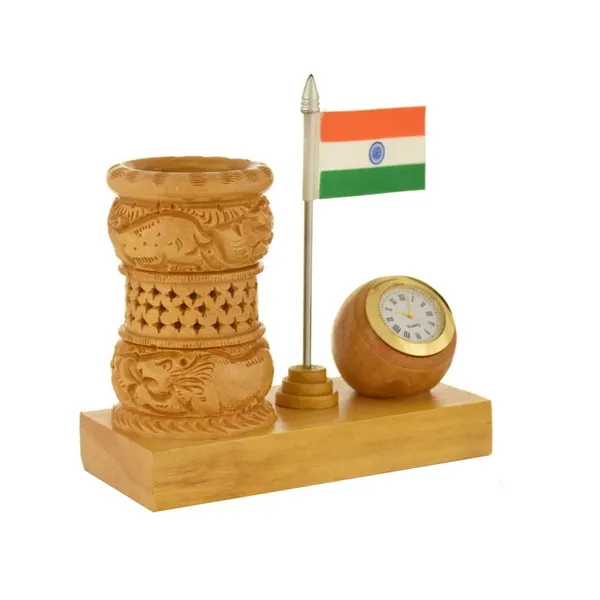 Natural_Wooden_Pen_Stand_With_A_Clock,_Jali_Design_And_Flag_|_Office_Study_Table_Decoration_|_12.7L_x_6.4W_x_12.7H_Centimeters