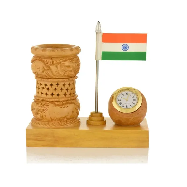 Natural_Wooden_Pen_Stand_With_A_Clock,_Jali_Design_And_Flag_|_Office_Study_Table_Decoration_|_12.7L_x_6.4W_x_12.7H_Centimeters
