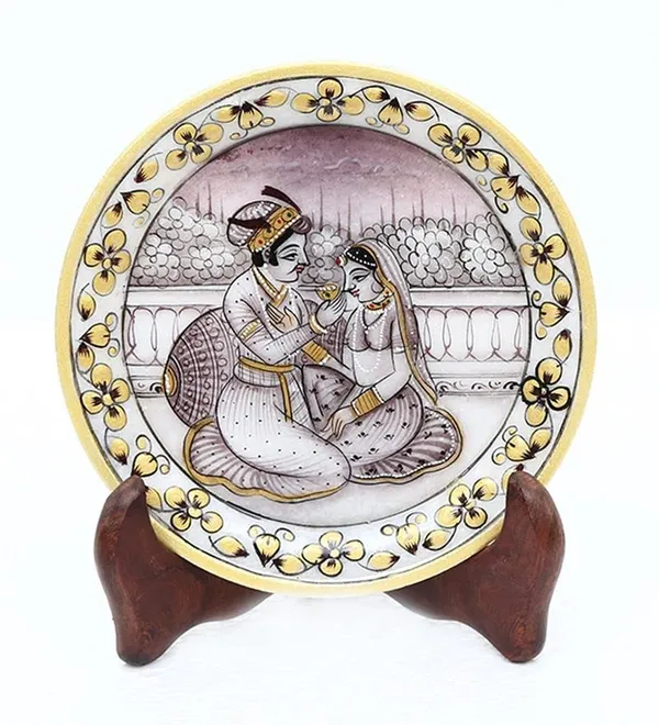 Handicraft_Designer_Decorative_Akbar_jodha_Marble_Painting_Plate_Round_Shape_for_Gifts|_Beautiful_Gold_Color_Work_showpiece_for_Home_|_15L_x_1.3W_x_15H_Centimeters