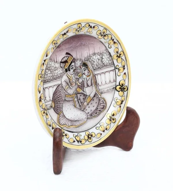 Handicraft_Designer_Decorative_Akbar_jodha_Marble_Painting_Plate_Round_Shape_for_Gifts|_Beautiful_Gold_Color_Work_showpiece_for_Home_|_15L_x_1.3W_x_15H_Centimeters