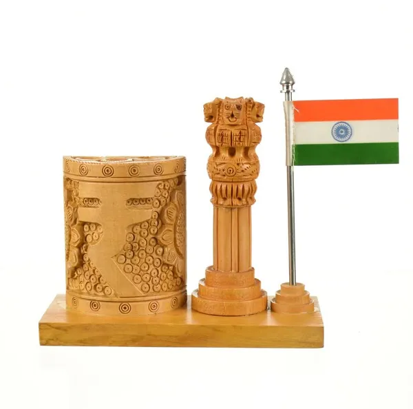 Handcrafted_Ashok_Stambh_with_Rupee_&_National_Flag_Pen_Stand_|_12.7L_x_6.4W_x_12.7H_Centimeters