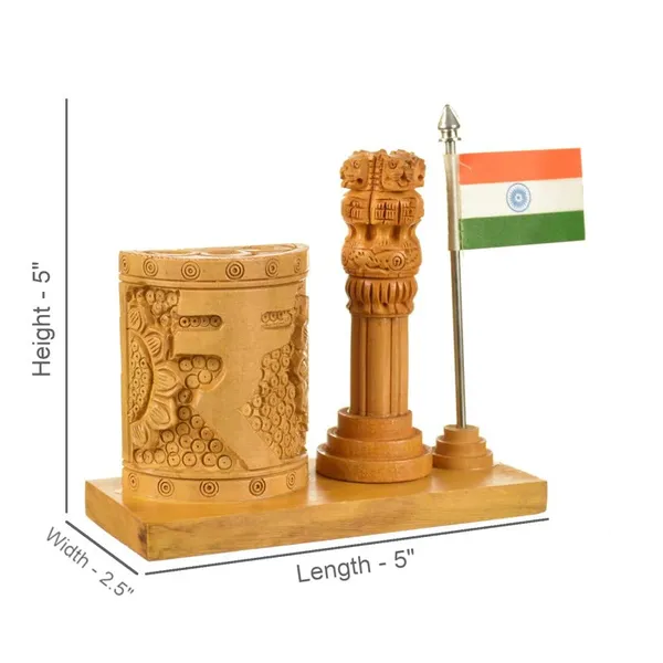 Handcrafted_Ashok_Stambh_with_Rupee_&_National_Flag_Pen_Stand_|_12.7L_x_6.4W_x_12.7H_Centimeters