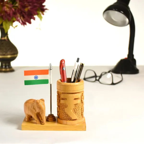 Pen_Stand_With_Elephant_Rupee_And_National_Flag_Brown_For_Office_Desk_Decorative_|_12.7L_x_6.4W_x_12.7H_Centimeters