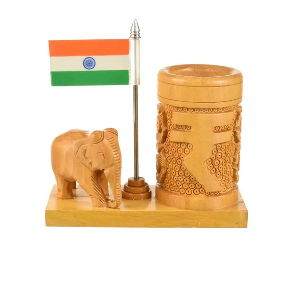 Pen_Stand_With_Elephant_Rupee_And_National_Flag_Brown_For_Office_Desk_Decorative_|_12.7L_x_6.4W_x_12.7H_Centimeters