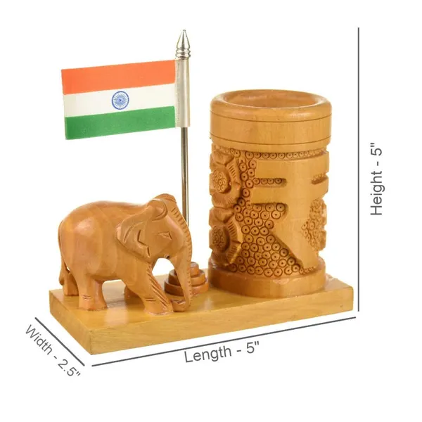 Pen_Stand_With_Elephant_Rupee_And_National_Flag_Brown_For_Office_Desk_Decorative_|_12.7L_x_6.4W_x_12.7H_Centimeters