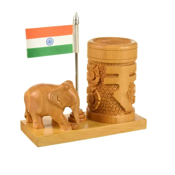 Pen_Stand_With_Elephant_Rupee_And_National_Flag_Brown_For_Office_Desk_Decorative_|_12.7L_x_6.4W_x_12.7H_Centimeters