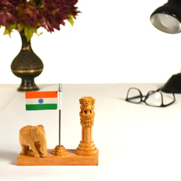 Pen_Stand_With_Ashok_Stambh_Elephant_Pen_Holder_And_National_Flag_Brown_For_Office_Desk_Decorative_|_12.7L_x_6.4W_x_12.7H_Centimeters