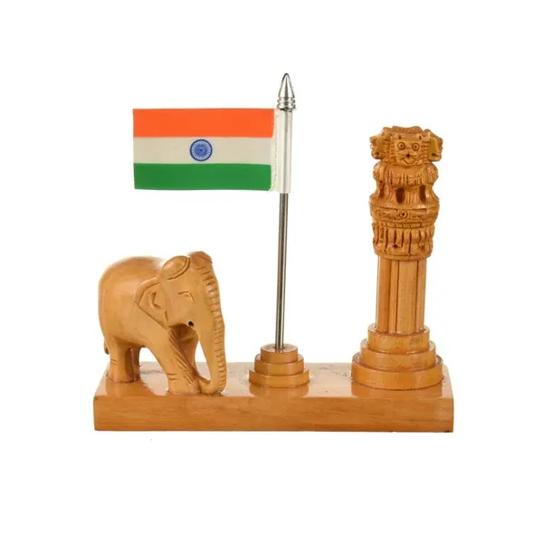 Pen_Stand_With_Ashok_Stambh_Elephant_Pen_Holder_And_National_Flag_Brown_For_Office_Desk_Decorative_|_12.7L_x_6.4W_x_12.7H_Centimeters
