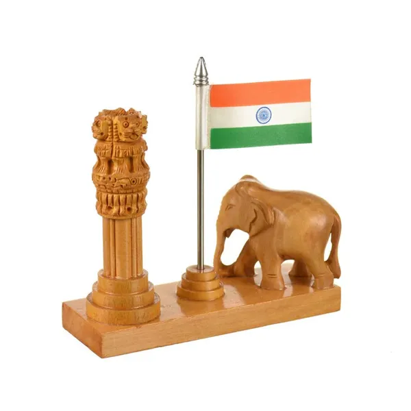 Pen_Stand_With_Ashok_Stambh_Elephant_Pen_Holder_And_National_Flag_Brown_For_Office_Desk_Decorative_|_12.7L_x_6.4W_x_12.7H_Centimeters