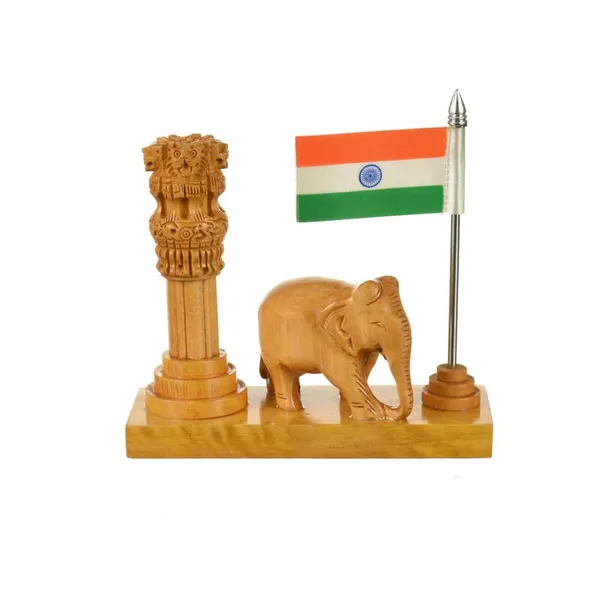 Handcrafted_Ashok_Stambh_with_Elephant_&_National_Flag_Pen_Stand_|_12.7L_x_6.4W_x_12.7H_Centimeters