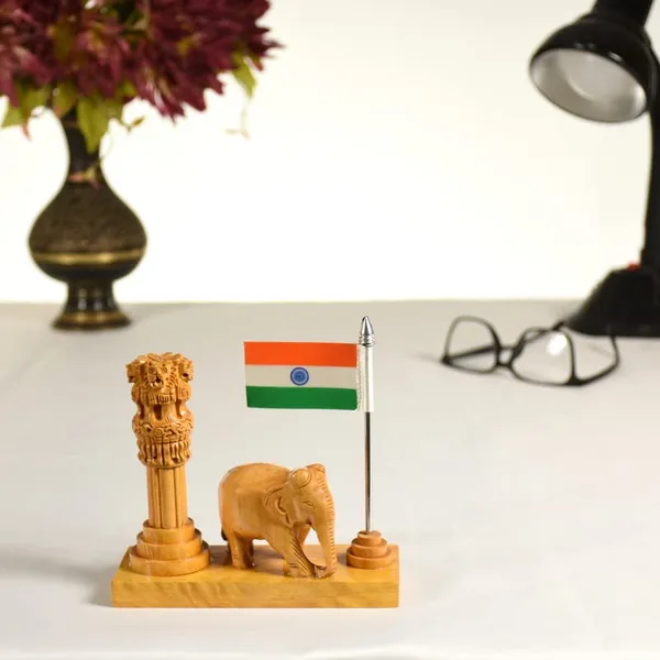 Handcrafted_Ashok_Stambh_with_Elephant_&_National_Flag_Pen_Stand_|_12.7L_x_6.4W_x_12.7H_Centimeters