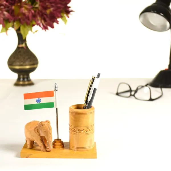 Pen_Stand_With_Elephant_Rupee_And_National_Flag_Brown_For_Office_Desk_Decorative_|_12.7L_x_6.4W_x_12.7H_Centimeters