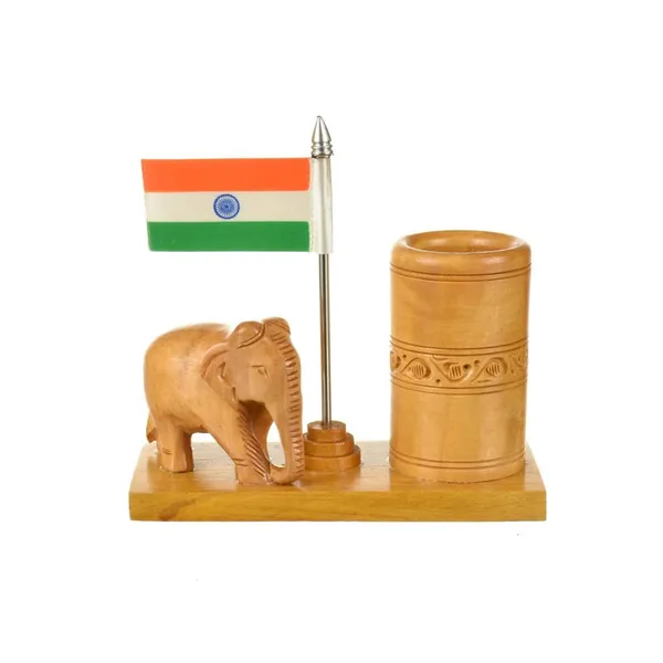 Pen_Stand_With_Elephant_Rupee_And_National_Flag_Brown_For_Office_Desk_Decorative_|_12.7L_x_6.4W_x_12.7H_Centimeters