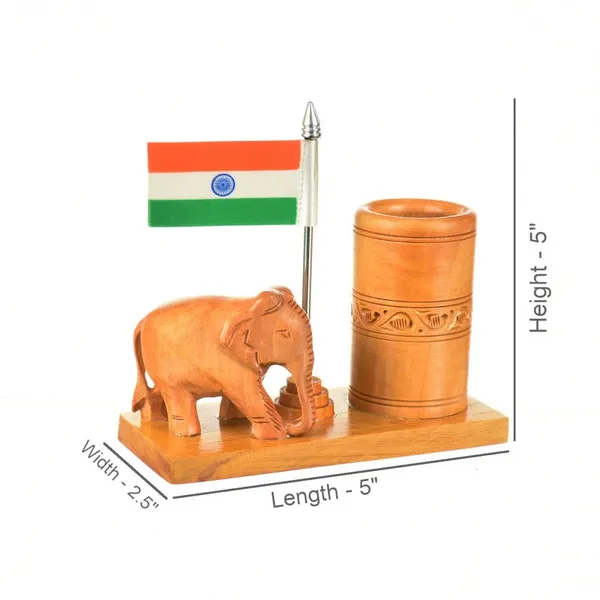Pen_Stand_With_Elephant_Rupee_And_National_Flag_Brown_For_Office_Desk_Decorative_|_12.7L_x_6.4W_x_12.7H_Centimeters