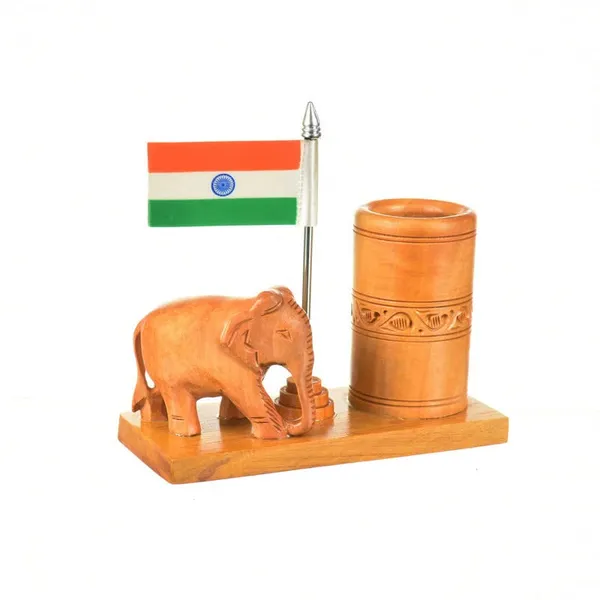 Pen_Stand_With_Elephant_Rupee_And_National_Flag_Brown_For_Office_Desk_Decorative_|_12.7L_x_6.4W_x_12.7H_Centimeters
