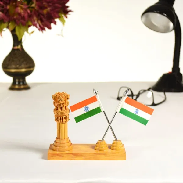 Pen_Stand_With_Ashok_Stambh_And_National_Flag_Brown_For_Office_Desk_Decorative_|_12.7L_x_6.4W_x_12.7H_Centimeters
