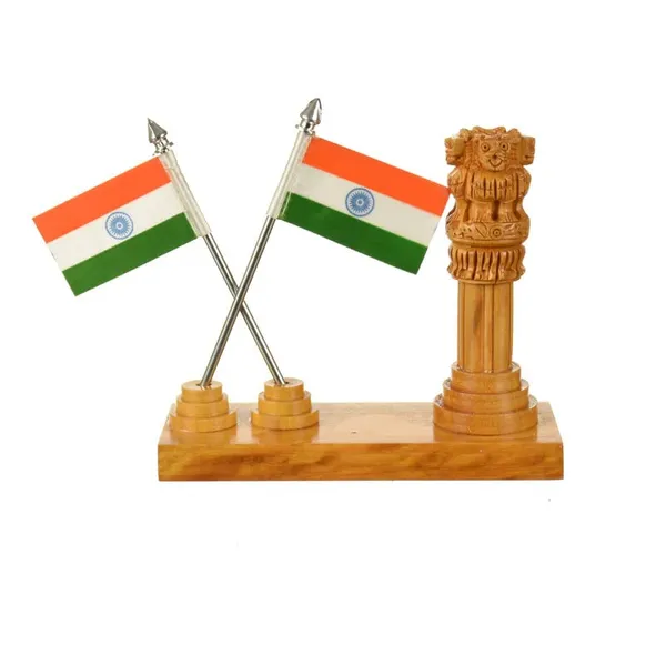 Pen_Stand_With_Ashok_Stambh_And_National_Flag_Brown_For_Office_Desk_Decorative_|_12.7L_x_6.4W_x_12.7H_Centimeters