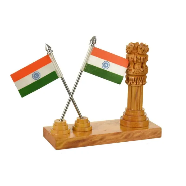 Pen_Stand_With_Ashok_Stambh_And_National_Flag_Brown_For_Office_Desk_Decorative_|_12.7L_x_6.4W_x_12.7H_Centimeters
