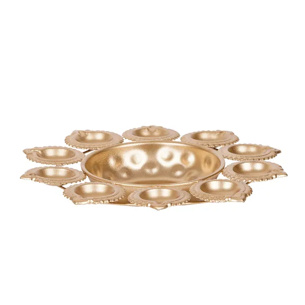 Vasu_Creation_Decorative_Gold-Toned_Pooja_Thali_with_10_Diyas,_Traditional_Floral_Design,_Metal_10_inch