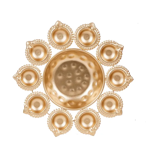 Vasu_Creation_Decorative_Gold-Toned_Pooja_Thali_with_10_Diyas,_Traditional_Floral_Design,_Metal_10_inch