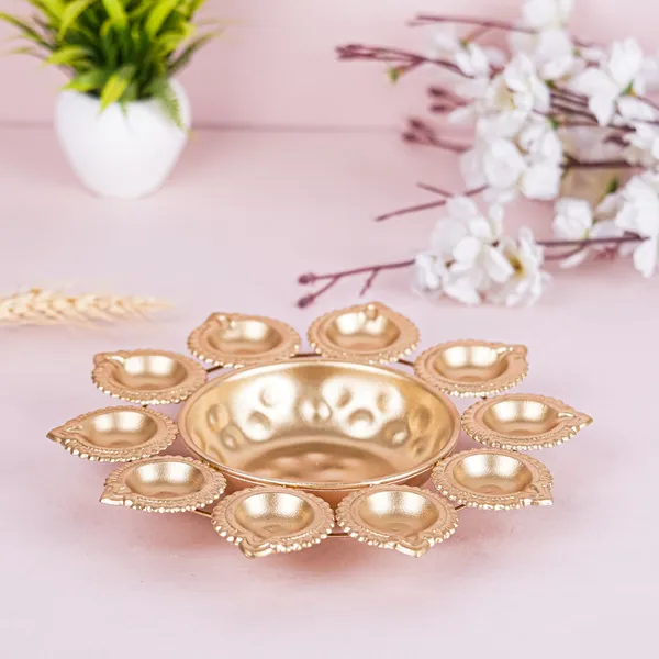 Vasu_Creation_Decorative_Gold-Toned_Pooja_Thali_with_10_Diyas,_Traditional_Floral_Design,_Metal_10_inch