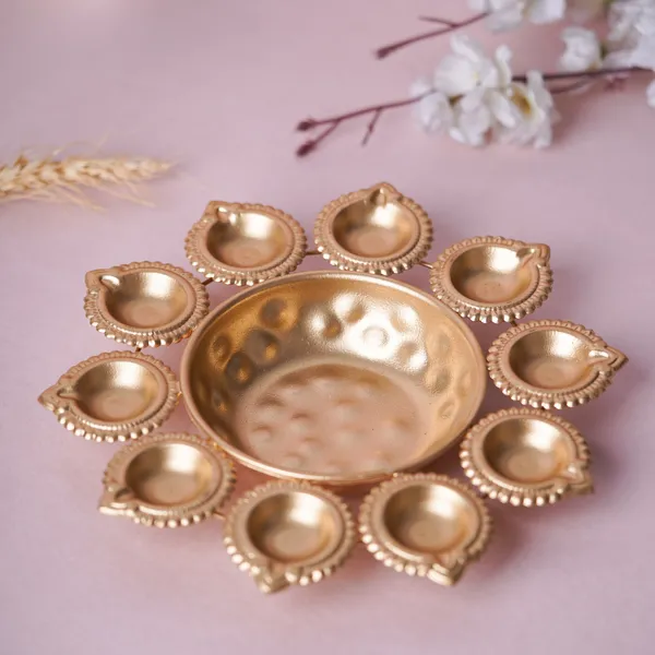Vasu_Creation_Decorative_Gold-Toned_Pooja_Thali_with_10_Diyas,_Traditional_Floral_Design,_Metal_10_inch