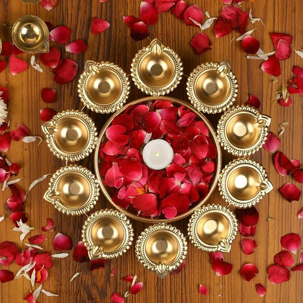 Vasu_Creation_Decorative_Gold-Toned_Pooja_Thali_with_10_Diyas,_Traditional_Floral_Design,_Metal_10_inch