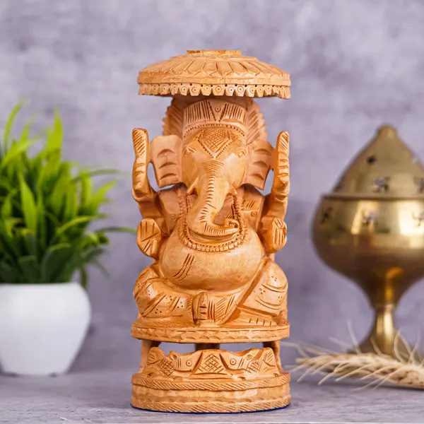 Vasu_Creation_Hand-Carved_Wooden_Lord_Ganesha_Statue_with_Decorative_Umbrella,_Traditional_Indian_Home_Decor