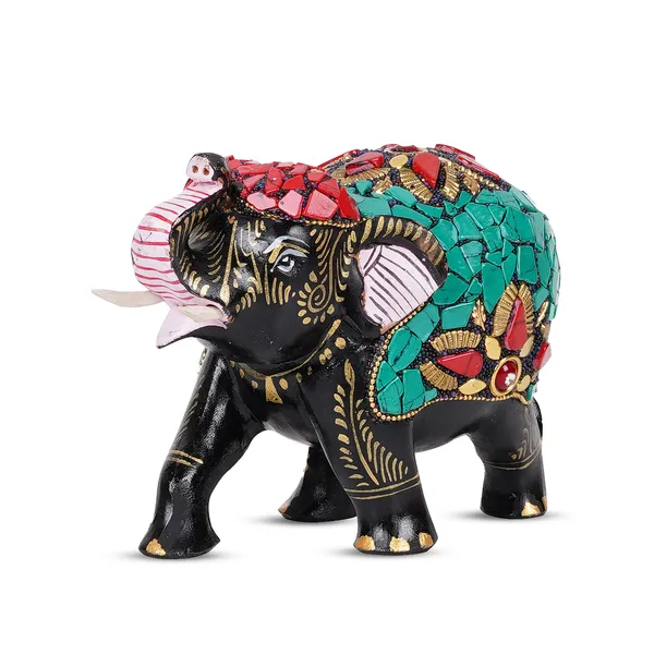 Vasu_Creation_Handcrafted_Mosaic_Elephant_Figurine,_Black_with_Turquoise_and_Pink_Stones,_Traditional_Indian_Art_Decor