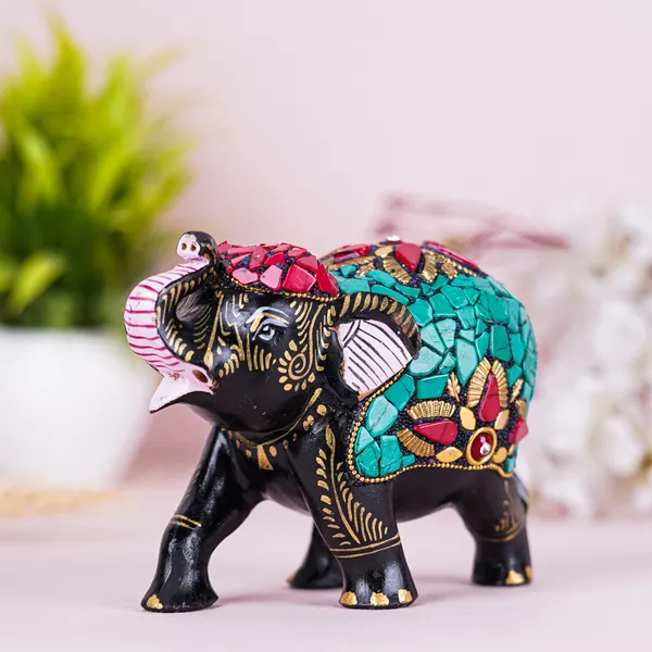 Vasu_Creation_Handcrafted_Mosaic_Elephant_Figurine,_Black_with_Turquoise_and_Pink_Stones,_Traditional_Indian_Art_Decor