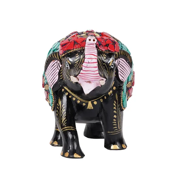 Vasu_Creation_Handcrafted_Mosaic_Elephant_Figurine,_Black_with_Turquoise_and_Pink_Stones,_Traditional_Indian_Art_Decor