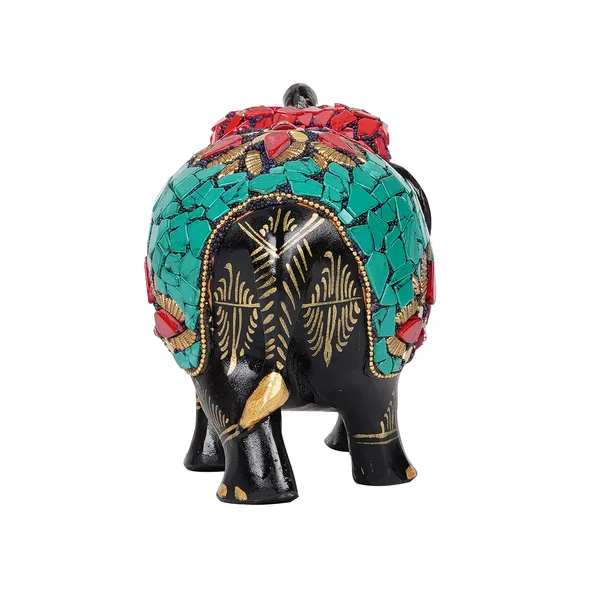 Vasu_Creation_Handcrafted_Mosaic_Elephant_Figurine,_Black_with_Turquoise_and_Pink_Stones,_Traditional_Indian_Art_Decor