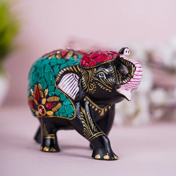 Vasu_Creation_Handcrafted_Mosaic_Elephant_Figurine,_Black_with_Turquoise_and_Pink_Stones,_Traditional_Indian_Art_Decor
