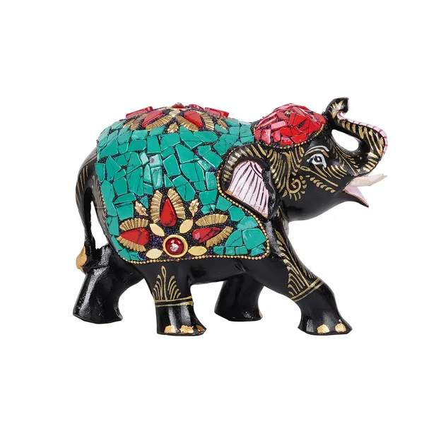Vasu_Creation_Handcrafted_Mosaic_Elephant_Figurine,_Black_with_Turquoise_and_Pink_Stones,_Traditional_Indian_Art_Decor