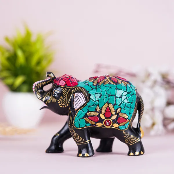 Vasu_Creation_Handcrafted_Mosaic_Elephant_Figurine,_Black_with_Turquoise_and_Pink_Stones,_Traditional_Indian_Art_Decor