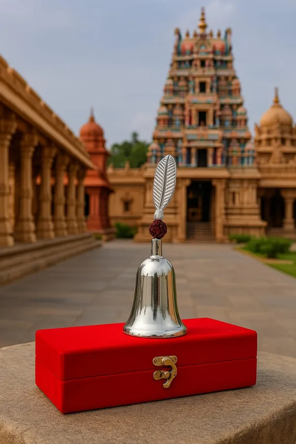 Vasu_Creation_Handcrafted_Pooja_Bell_with_Rudraksha_with_Velvet_Box_for_Home/Office_Decor/Brass_Hand_Puja_Bell/Pooja_Ghanti_Bell_(Silver))