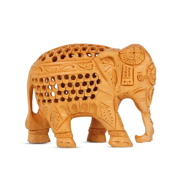 Vasu_Creation_Handcrafted_Wooden_Elephant_Figurine,_Traditional_Indian_Design,_Jali_Work,_Natural_Wood_Carving