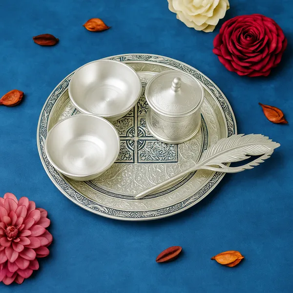 Vasu_Creation_Silver_Plated_Pooja_Thali_Set,_20.3_cm,_Decorative_Traditional_Design_with_Bowls_and_Feather