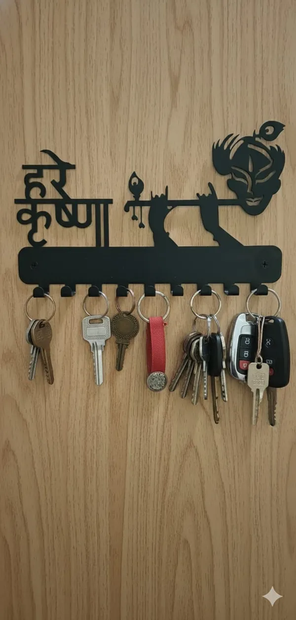 Vaus_Creation_"Hare_Krishna"_Metal_Wall_Key_Holder_with_Flute_Design_-_8_Hooks_Key_Hanger_for_Home_Decor_|_Religious_Lord_Krishna_Wall_Organizer_(Matte_Black)
