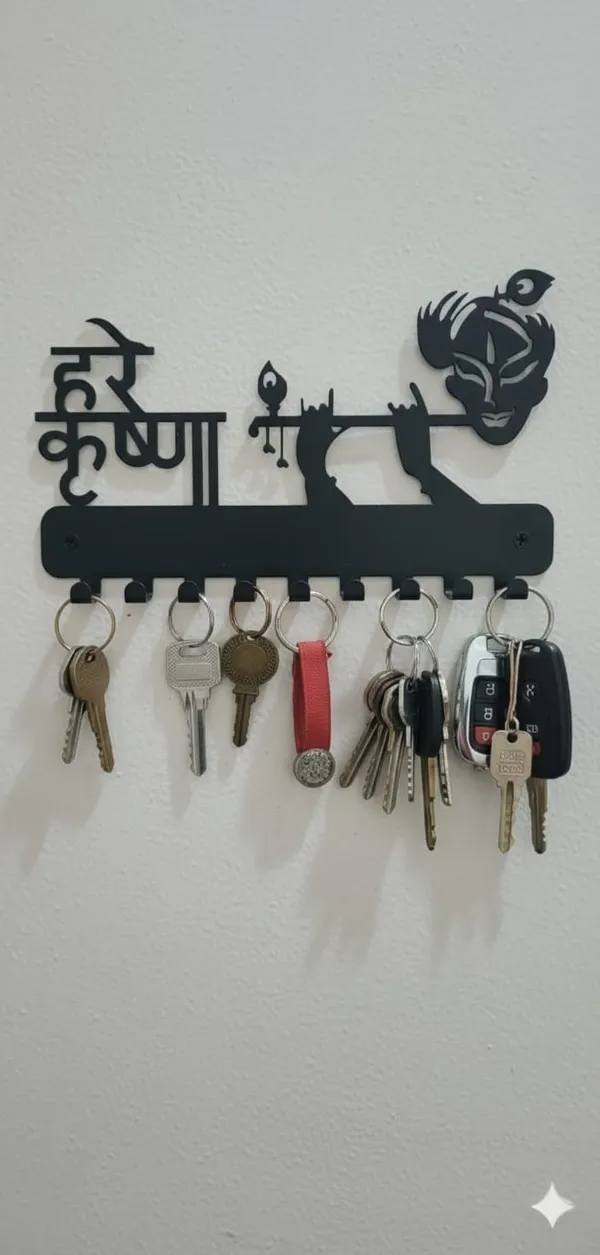 Vaus_Creation_"Hare_Krishna"_Metal_Wall_Key_Holder_with_Flute_Design_-_8_Hooks_Key_Hanger_for_Home_Decor_|_Religious_Lord_Krishna_Wall_Organizer_(Matte_Black)