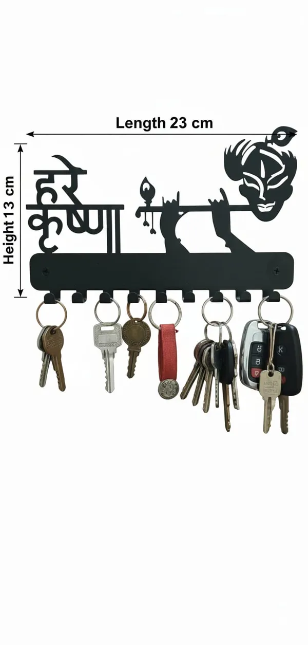 Vaus_Creation_"Hare_Krishna"_Metal_Wall_Key_Holder_with_Flute_Design_-_8_Hooks_Key_Hanger_for_Home_Decor_|_Religious_Lord_Krishna_Wall_Organizer_(Matte_Black)