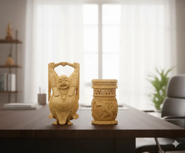 Wooden_laughing_Buddha_8_Inch_and_Wooden_pen_stand_4_Inch