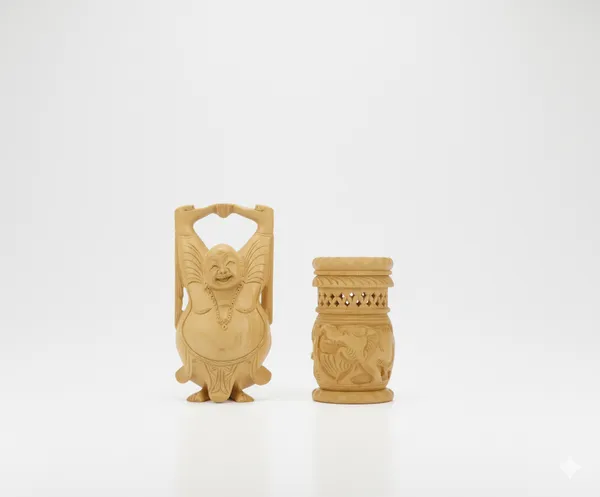 Wooden_laughing_Buddha_8_Inch_and_Wooden_pen_stand_4_Inch