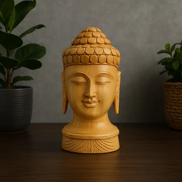 Wooden_Golden_Lord_Buddha_Head_Carving_Home_Decor_Showpiece_|_15.2L_x_10.2W_x_15.2H_Centimeters