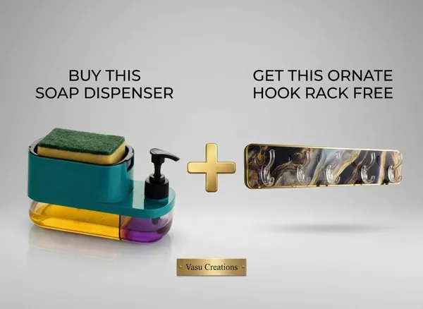 Vasu_Creations_2-in-1_Liquid_Soap_Dispenser_with_Sponge_Holder_Plus_Free_Ornate_Multipurpose_Hook_Rack